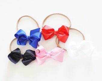 Set of 5 Small Double Bows on Skinny Nylon Headbands or Clips, MORE COLORS AVAILABLE