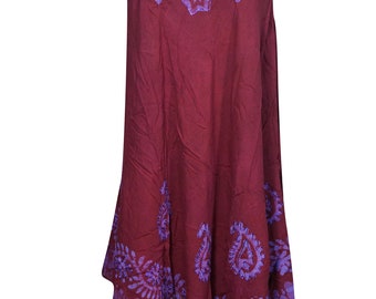 Maroon Beach Cover Up Tank Dress Feel Cool Batik Print Embroidered Summer Flare Gypsy Sundress