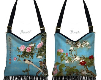 Hobo Bag Purse Hippie Bag Crossbody Purse Boho Bag Bohemian Gyspy Bag Fringe Purse, Japanese Floral Art bag Asian Bird blue pink red RTS