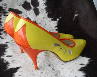 REDUCED SALE RARE 50's Desigher Bellecraft Incredible Leather Stilettos cut outs Orange and Yellow pumps