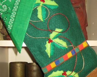 Handmade dark green felt cowboy boot, Christmas stocking.