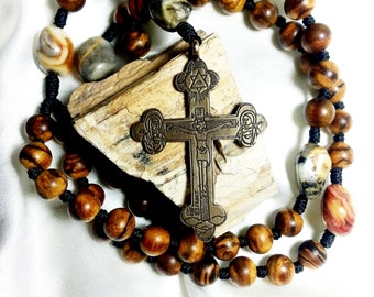 Vietnam Sandalwood and Natural Crazy Agate Nugget Rosary