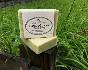 Green Shea Sweet Grass Vegan Body Soap - Infused with Real Organic Sweetgrass - No Essential or Fragrance Oils Added