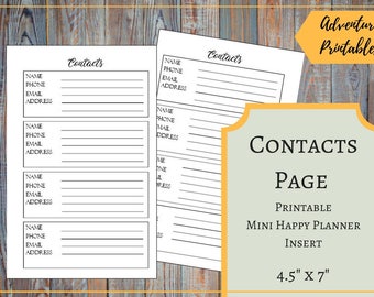 Contacts Page Printable Insert for the Mini Happy Planner, Contacts List, Pocket Size Planner, Mambi, Create 365