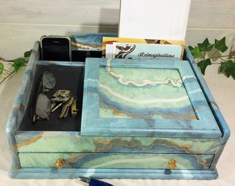 Large Men's Valet in Blue Agate Shades of Blue Turquoise, Painted Dresser Valet Storage, Coastal Desk Accessories, Blue Marble Jewelry Box