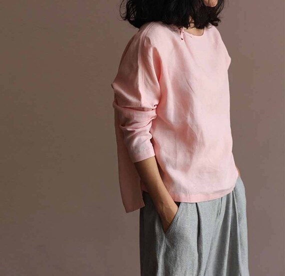 604Pink Washed Linen Tunic Top Long Sleeve Linen Tshirt