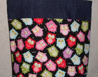 New Handmade Medium Whimsical Owls Denim Tote Bag Purse