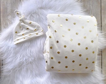 Gold Polka Dot/ Gold Swaddle/Gold Swaddle blanket/swaddle/hat/ Newborn swaddle/Baby swaddle blanket