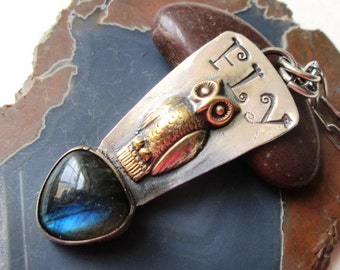 Mixed Metal Sterling Silver and Brass Fly Vintage Owl Pendant with Blue Labradorite Hand Stamped Necklace Jewelry