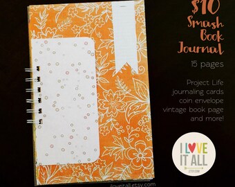 Smash Book Listing Challenge Scrapbook Mini Album . Mixed Media Notebook Junk Junque Art Journal Album . Recycled Ephemera Book Pages Tags