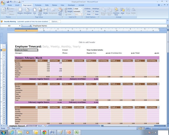 Employee Time Sheet Excel Spreadsheet Template