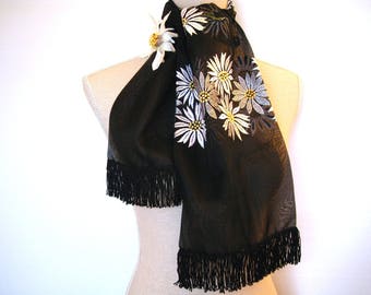 Her scarf Double organza black daisies Rebrodee