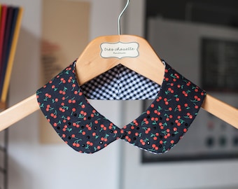Black rounded cotton Peter Pan collar featuring red cherry pattern and black Swarovski beads