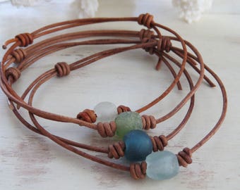 Sea Glass and Leather Adjustable Anklet or Bracelet, Beach Glass, Beach Jewelry ~ by Hello Sweetie Handmade