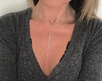 Gemstone Lariat Necklace, Bead Drop Y Necklace, Boho Layered Necklace