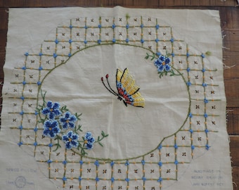 Vintage Floral Needlework Butterfly Crewel Project pillow Fabric Floral Needlework Unframed Unusesd Vintage Crewel