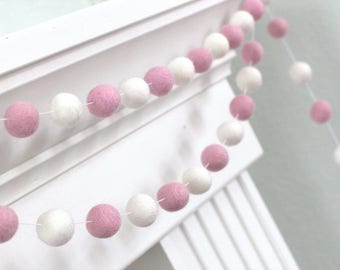 Valentines Day Garland- Baby Pink & White Felt Ball Garland - Valentines Holiday Party Nursery Childrens Room Decor