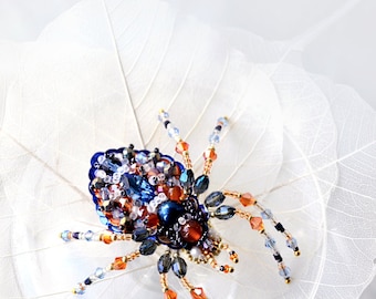Colorful spider brooch Unique handcrafted spider jewelry art, bead embroidered orange dark blue wonderful spider gift for Spider Lover