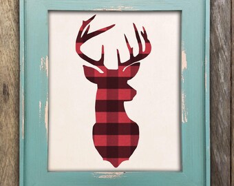 Deer Head Antler in Buffalo Plaid - Woodland Buck Wall Art - Country Rustic Lumberjack Print - Cabin Man Cave Wilderness Home Decor -