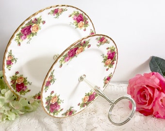 Vintage Royal Albert Old Country Roses 2 Tier Cake Stand, Cup Cake Tower, English Porcelain Cake Stand