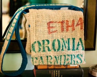 Repurposed Jute Coffee Sack Messenger Bag - "ETH4" by FanGirl. SuperHero.