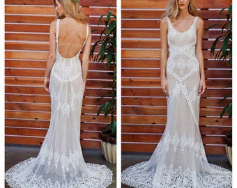 Cecilia Lace Bohemian Wedding Dress | Cotton Lace with OPEN BACK and SILK liner | Handmade | Boho Romantic Rustic Wedding Dress
