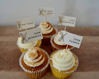 1 Corinthians 13 cupcake topper, Love is patient, Love protects, Wedding cupcake topper, rustic wedding,cupcake toothpick,valentines cupcake