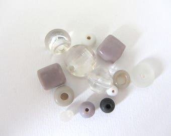 Set of 13 beads various shapes, white, gray, black and purple