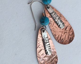 Hammered Silver and Copper Teardrop Earrings
