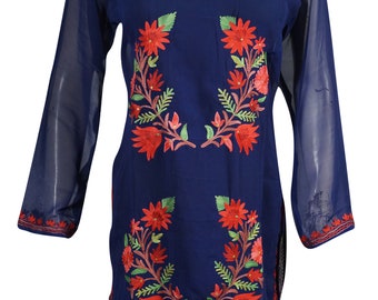 Sheer Georgette Tunic Dresses Blue Floral Embroidered Beach Cover Dress S