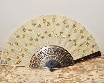 Lace and sequined hand fan,black,gold,embroidered,scalloped edges,folding hand fan,wedding day,gold scrolling,