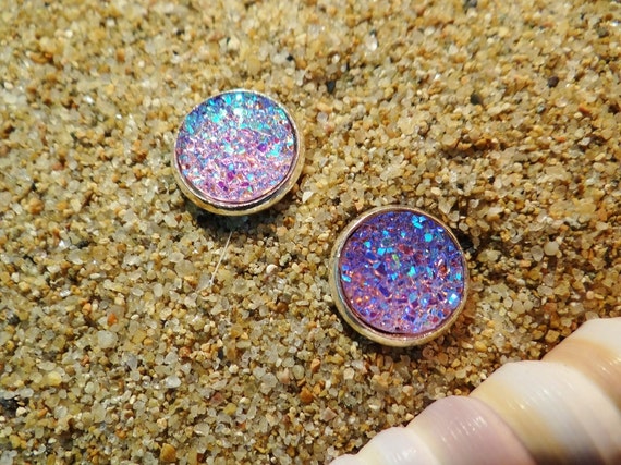 Purple Mauve Faux Druzy Studs Stud Earrings Drusy Geode Iridescent AB Angel Aura Quartz Titanium Crystal Crystals Mermaid Pagan Wiccan Boho