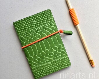 Leather notebook in green snake print embossed leather. Gift under 10