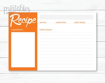 Tangerine Recipe Card - Orange Recipe Cards Printable - Instant Download - Modern Recipe Card - Recipe Cards Template - Editable Recipe Card