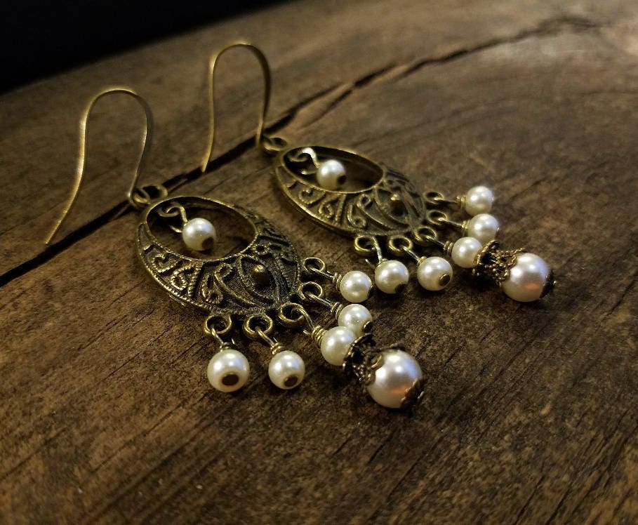 Chandelier Earrings Victorian Style Pearl Chandelier Earrings Victorian Style Pearl Wedding Jewelry Boho 3 Inches