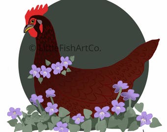 Rhode Island Red Hen and Violet Print