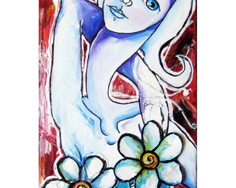 DAISY - Matted Archival PRINT 5x10 of an original Ela Steel painting blue tight lace corset and flowers long narrow wall art 11x14 matte