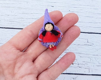 Red mini fairy brooch, mini rag doll pin handmade,idea gift for girl, present for birthday, cute tiny present, unique custom present.