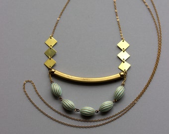 Mint And Gold Necklace / Curved Brass Bar, Diamond Shapes / Geometric Jewelry / Long Beaded Necklace