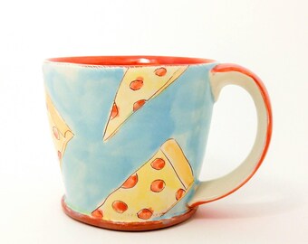Pizza themed Earthenware mug. Wheel thrown, food safe mug by Kaitlyn Brennan/Brennan pottery. This is a big handmade mug perfect for coffee