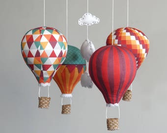 Nursery decor DIY baby mobile kit hot air balloon - modern nursery decor, carnival, red, green