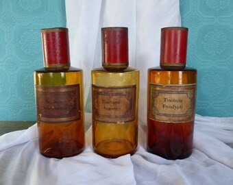LARGE Antique French Amber Glass Apothecary Bottle - French Amber Glass Pharmacy Jar with Red Lid - Amber Glass Chemist Jar - Pharmacy Gift
