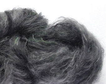 Hand-painted OOAK mohair yarn in Overcast (shades of grey, charcoal, deep green, deep purple, silver)