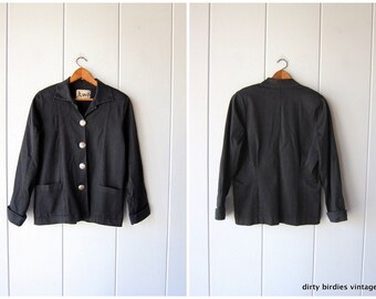 Oversized Black Jacket Cotton Stretch Denim Blazer Coat 90s Oversize Loose Fit Coat Slouchy Southwestern Jacket Womens Small Medium