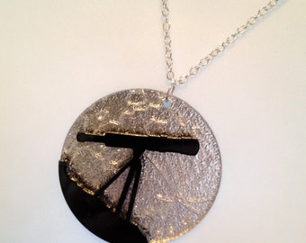 striking black/silver laser cut perspex 'telescope and moon' astronomy necklace
