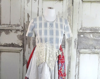 Blue White Floral Dress Romantic Clothing Eco Fashion Lagenlook Dress Upcycled Clothing