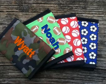 KIDS PERSONALIZED WALLETS - Nylon Trifold Camo and Sports, Camouflage, Soccer, Baseball, Football, Basketball