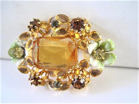Citrine Faceted Brooch, Pastel Enamel Leaves and Flowers, Rhinestone Highlights, Signed Austria, Elegant Flower Pin, Vintage Collectible