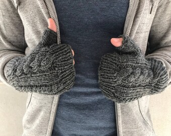Mens Knit Gloves, Gifts for Him, Men's Fingerless Gloves, Fingerless Wool Gloves, Boyfriend Gift, Grey Heather || DOUBLE CABLE GLOVES