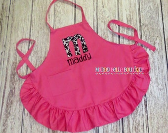 Girls Custom Embroidered Pink Ruffle Apron - Embroidered, Personalized, Monogram, Apron, Girls Apron, Ruffle Apron, Damask, Alpha, Paint